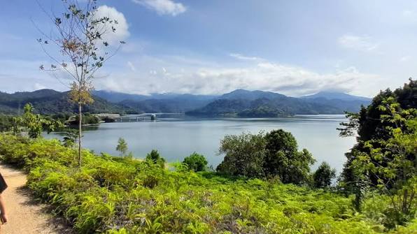 Scenic view of a wide lake surrounded by lush green foliage and mountains.